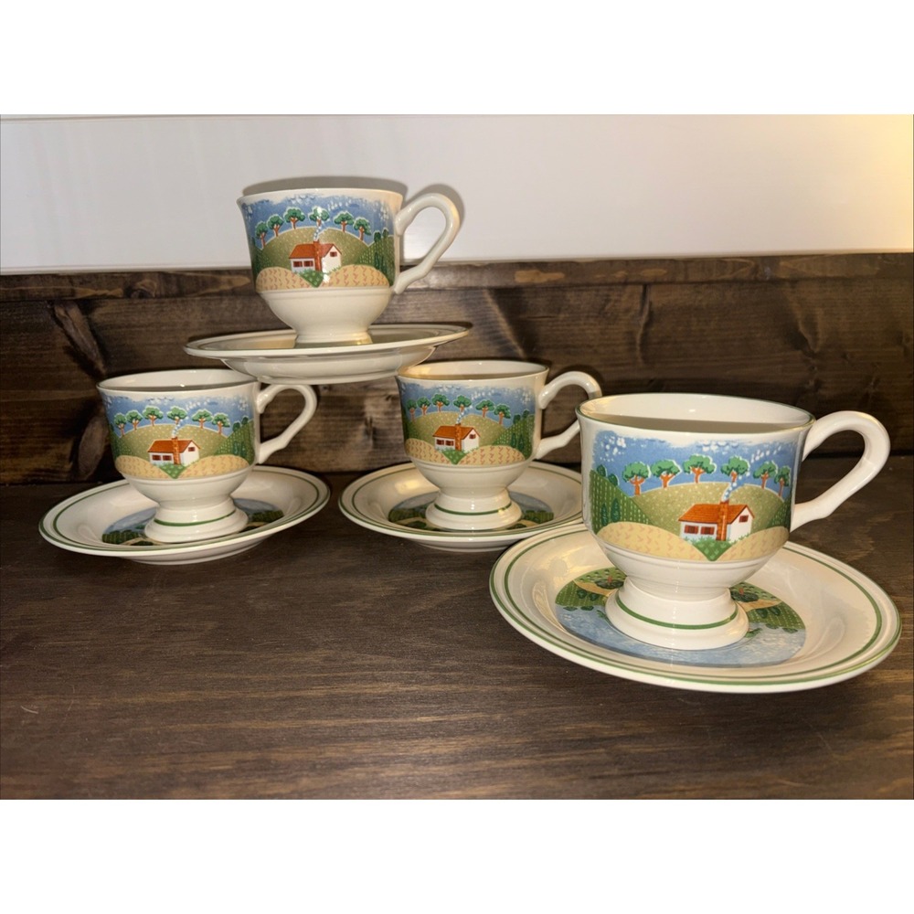 Sangostone Footed Coffee Cup & Saucer Country Cottage (3645) Set Of 4